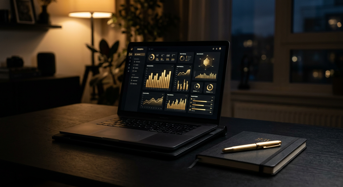 Laptop displaying a reputation analytics dashboard on a dark desk
